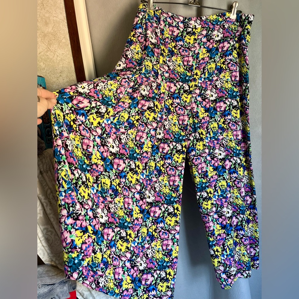 Zara Floral Wide Leg Culotte Pants Womens L Colorful Palazzo Summer Boho - Picture 3 of 12